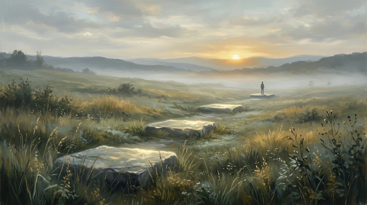 A quiet misty meadow at sunrise with three stepping stones leading toward a tiny distant figure