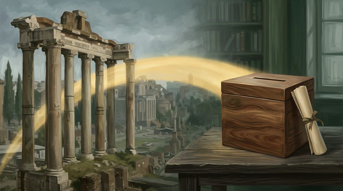 Ancient Roman columns beside a modern wooden ballot box and constitution scroll, joined by a band of golden light