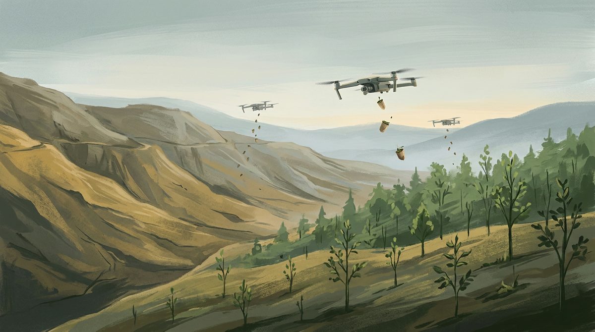 Small drones dropping seed pods over bare hills while a young forest grows below them