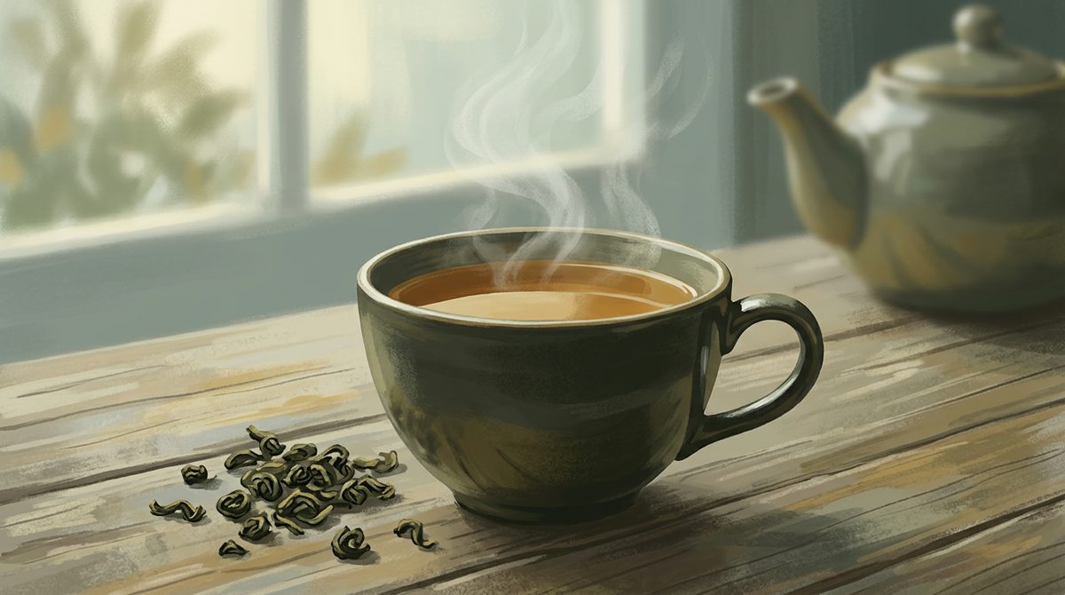 A steaming cup of amber oolong tea beside loose tea leaves and a teapot in soft window light