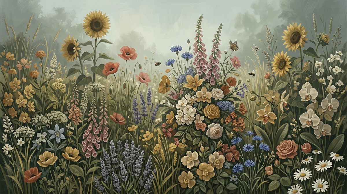 A dense, overflowing garden of many different flowers, from sunflowers and poppies to lavender and orchids, in soft morning light