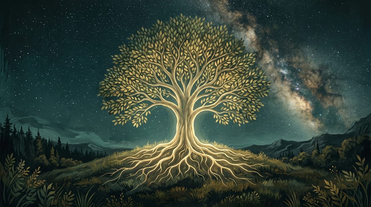 A glowing tree of life with a full golden canopy under the Milky Way, its roots made of light