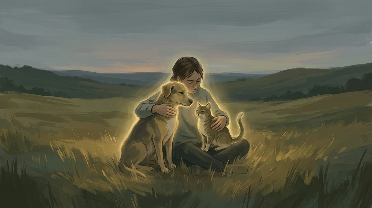 A person sitting in a meadow at dusk, embracing a dog and a cat in a soft golden glow