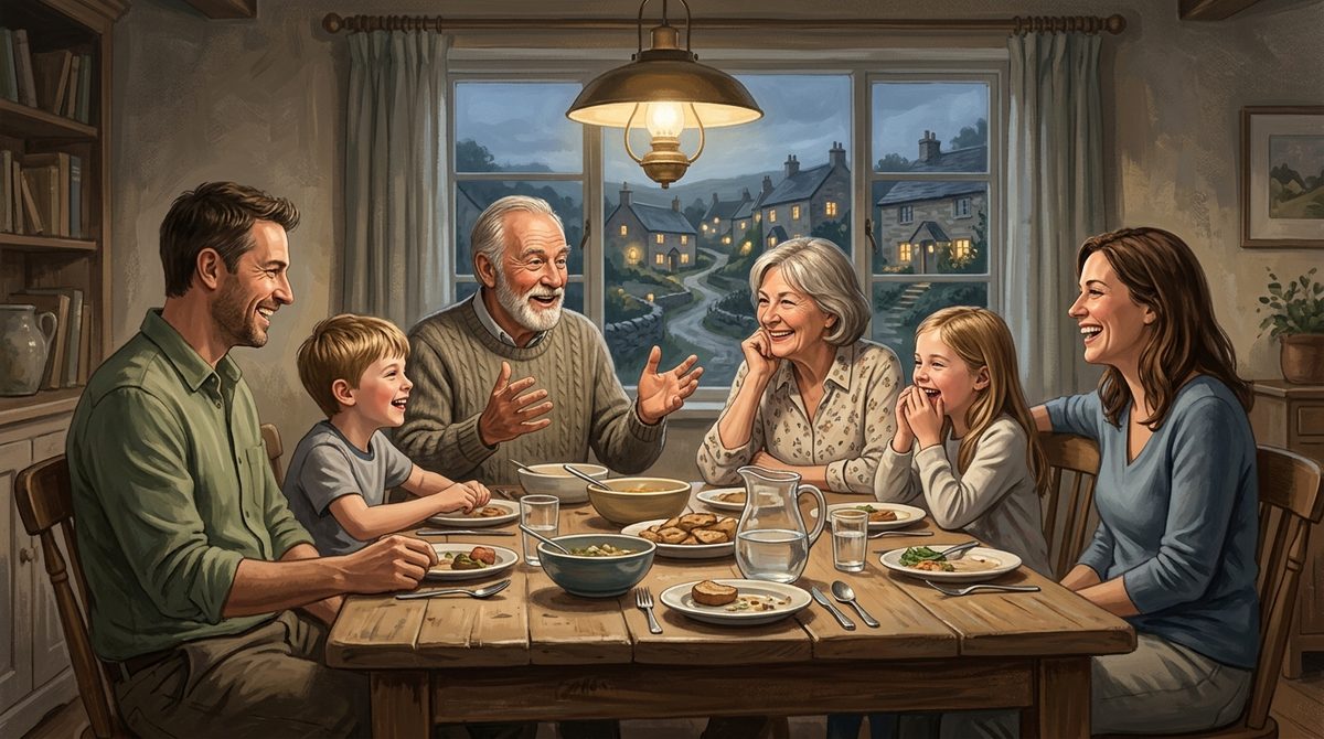 A family of three generations laughing together around a dinner table in warm lamplight, with a village visible through the window