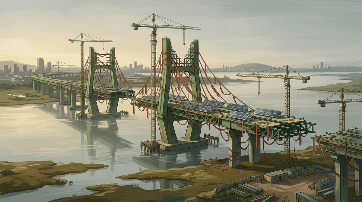 An unfinished green bridge with idle cranes and solar panels, tangled in faded red ribbons