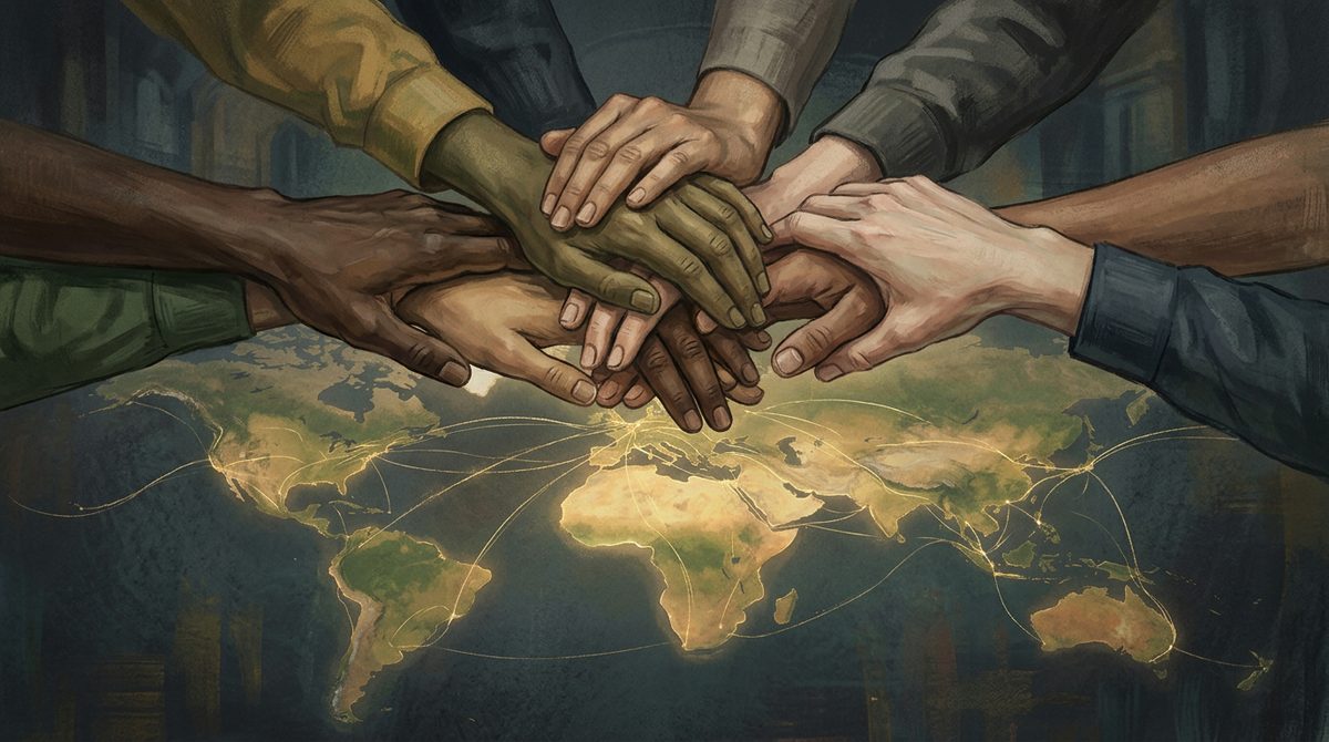 Hands of many skin tones joined together over a glowing world map