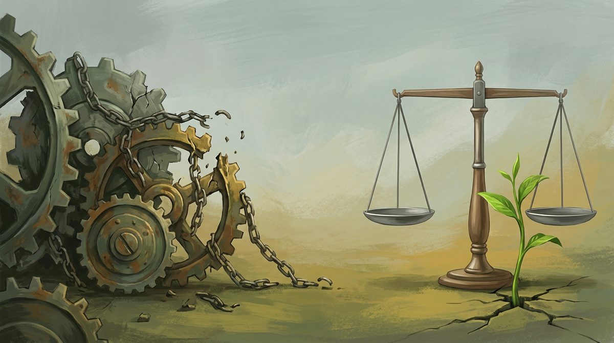 Cracked gears and tangled chains on one side, a balanced scale with a young green sprout on the other