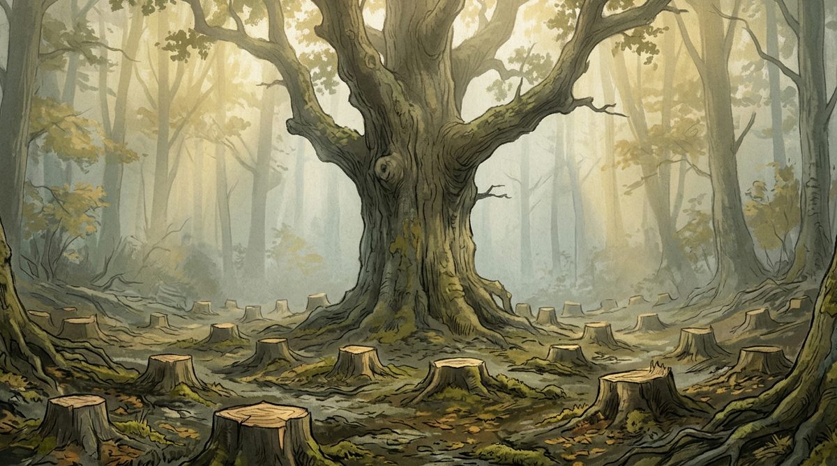 A giant ancient tree standing in a misty forest among the stumps of felled trees