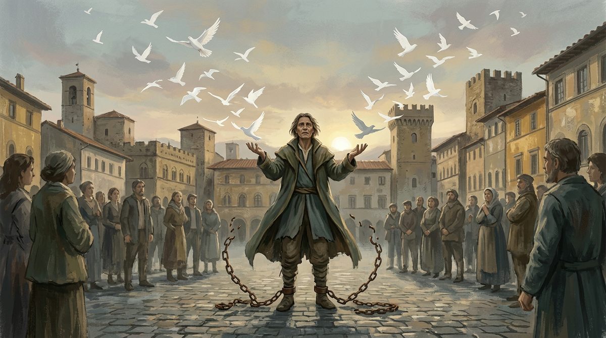 A person speaking in an old town square, their words rising as white birds while broken chains fall to the ground