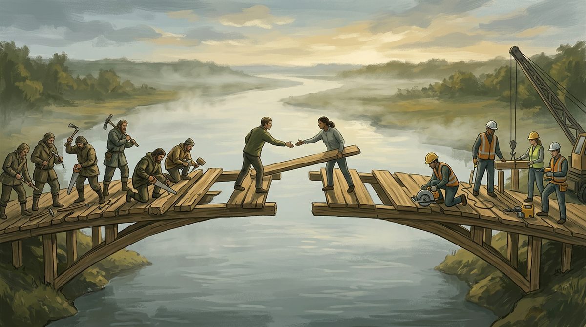 Builders from two opposite riverbanks, one group with traditional tools and one with modern equipment, meeting in the middle of a wooden bridge